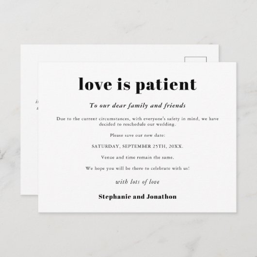 Hochzeit Postpone Liebe Patienten Rette neues Datu Ankündigungspostkarte (Vorne/Hinten)