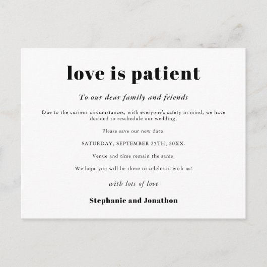 Hochzeit Postpone Liebe Patienten Rette neues Datu Ankündigungspostkarte (Vorderseite)