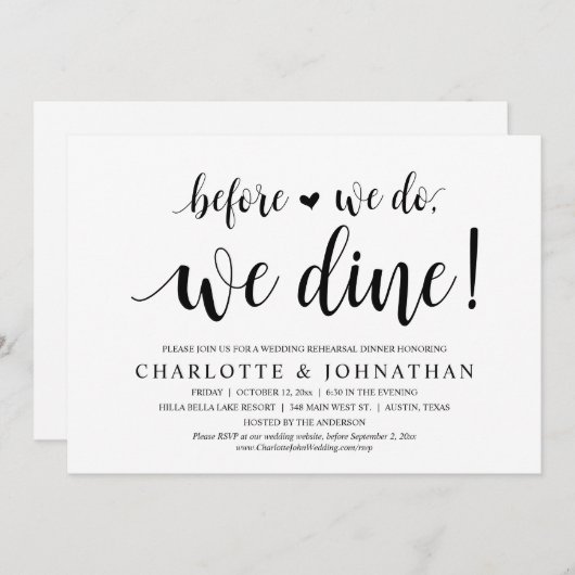 Hochzeit Probe Abendessen, bevor wir essen Einladung (Vorne/Hinten)