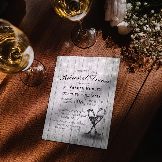 Hochzeit Probe Dinner Champagne Brille Wood Einladung