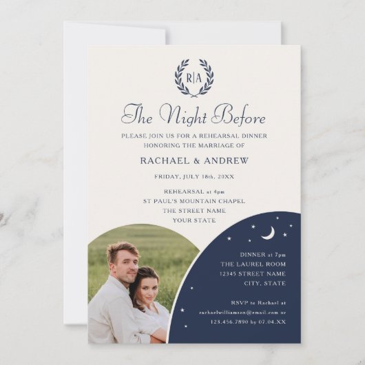 Hochzeit Probe Dinner Monogram Foto Navy Blue Einladung (Vorderseite)