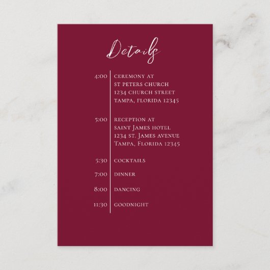 Hochzeit QR Code Burgundy einfache Zeitleiste Begleitkarte (Vorderseite)