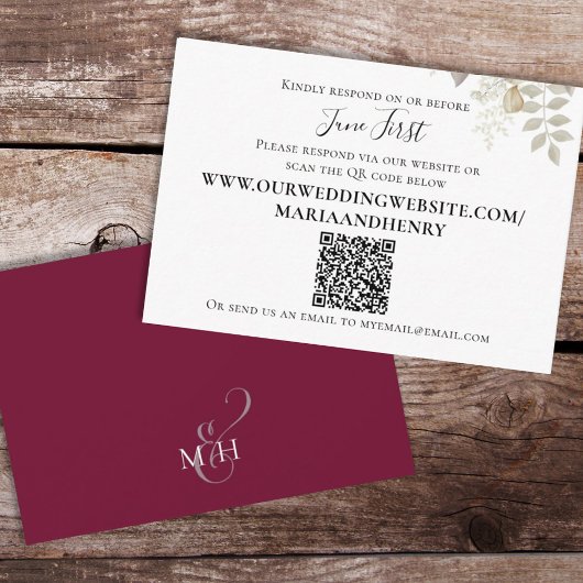Hochzeit QR Code Elegant Burgundy Foliage Begleitkarte
