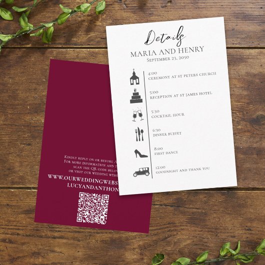 Hochzeit QR Code Elegant Burgundy Timeline Begleitkarte