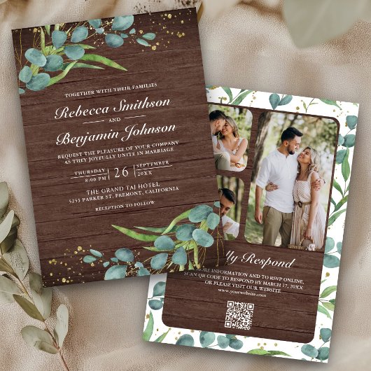 Hochzeit QR Code Fotocollage Eukalyptus Holz Einladung