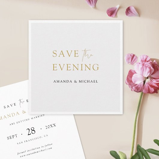 Hochzeit Rette die Abend-Karte mit Goldtypografie Save The Date