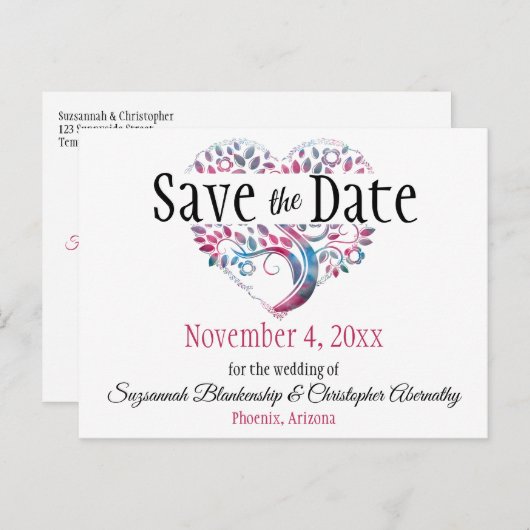 Hochzeit retten das Datum Burgund Aquamarines Baum Ankündigungspostkarte (Vorne/Hinten)