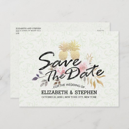 Hochzeit retten das Datum Moderne Gold Ananas Ankündigungspostkarte (Vorne/Hinten)