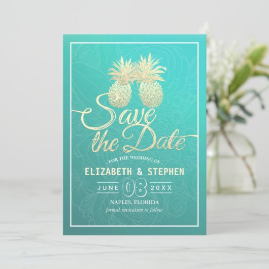 Hochzeit retten das Datum Moderne Gold Ananas Save The Date (Stehend Vorderseite)