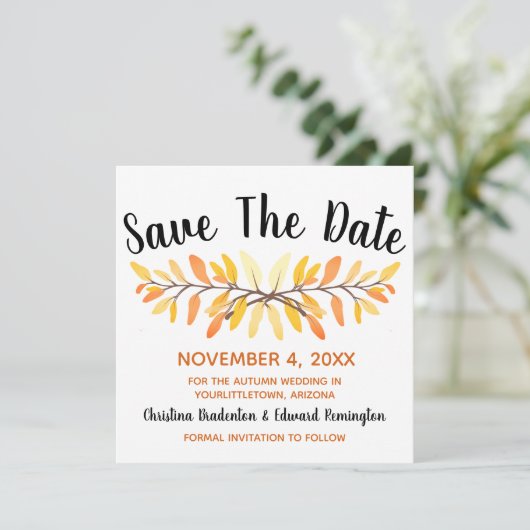 Hochzeit retten das Datum Rustikal minimale Herbst Ankündigung (Stehend Vorderseite)
