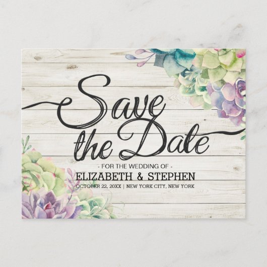 Hochzeit retten das Datum sukkulente Pflanze Rusti Ankündigungspostkarte (Vorderseite)