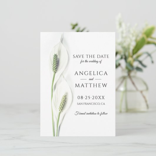 Hochzeit retten das Datum White Peace Calla Lily Save The Date (Stehend Vorderseite)