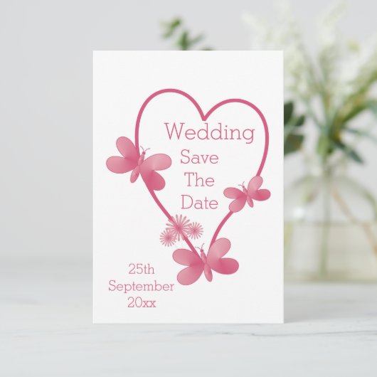 Hochzeit rettet das Datum rosa Herz und Schmetterl Save The Date (Stehend Vorderseite)