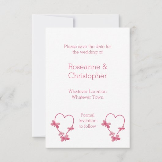 Hochzeit rettet das Datum rosa Herz und Schmetterl Save The Date (Rückseite)