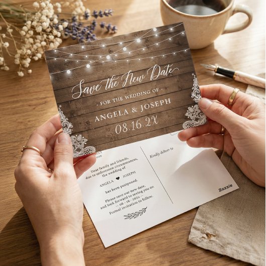 Hochzeit Rettete das neue Datum Rustikale Twinkle Postkarte