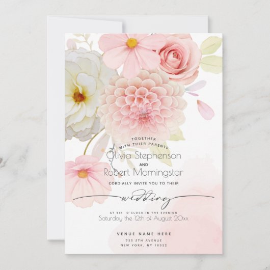 HOCHZEIT | Rosa Rosa Elfenbein gemischte Blume Einladung (Vorderseite)