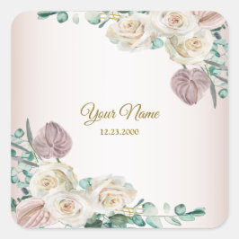 Hochzeit Rosa Rosen-Wasserfarbe Goldener Staubpart Quadratischer Aufkleber