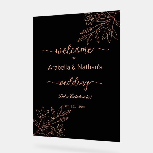 Hochzeit Rose Gold und Schwarz Elegante Blumen Wil Acrylschild (Winkel)