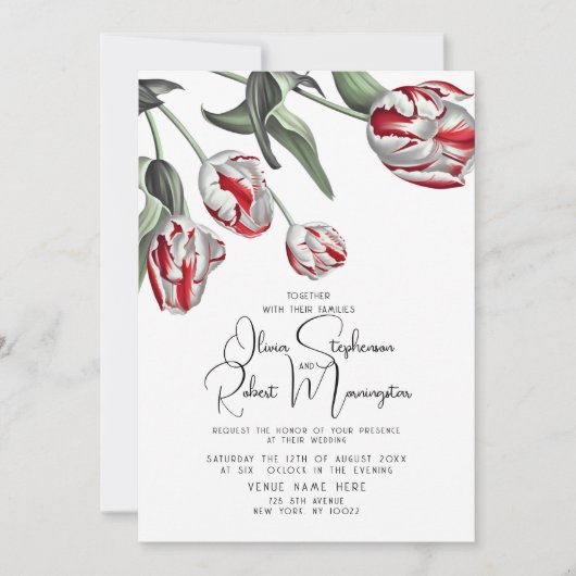 Hochzeit | Rote und weiße Rembrandt Tulips Einladung (Vorderseite)