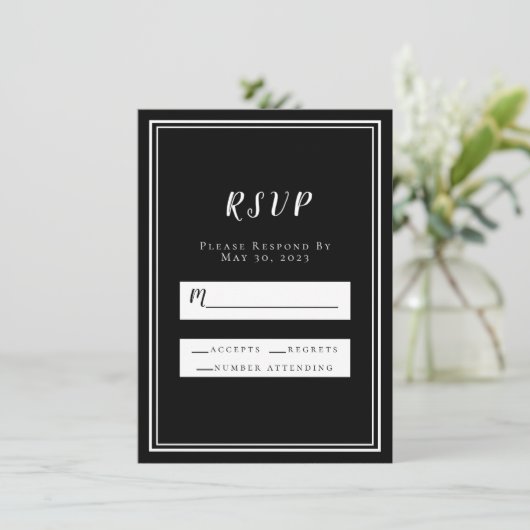 Hochzeit RSVP Black Simple Chic Minimalistisch Mod (Stehend Vorderseite)
