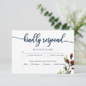 Hochzeit RSVP Card Burgundy Navy Blue Floral (Stehend Vorderseite)