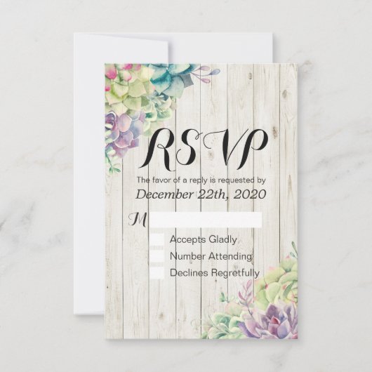 Hochzeit RSVP Chic Watercolor Sukkulent rustikales (Vorderseite)