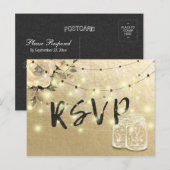 Hochzeit RSVP floral Mason Jar String Lights Gold Einladungspostkarte (Vorne/Hinten)
