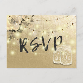 Hochzeit RSVP floral Mason Jar String Lights Gold Einladungspostkarte