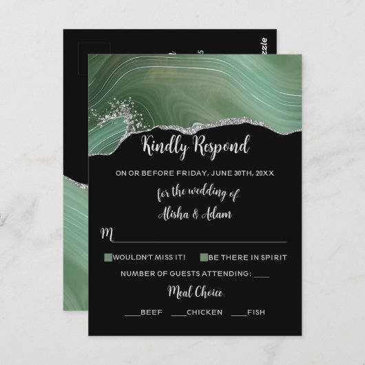 Hochzeit RSVP Green Agate Silver Glitzer auf Black Postkarte (Vorne/Hinten)