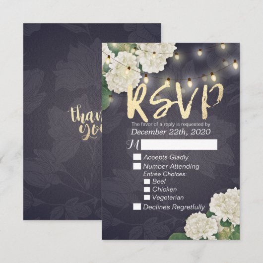 Hochzeit RSVP Hydrangea Blume String Lights Blue Karte (Vorne/Hinten)