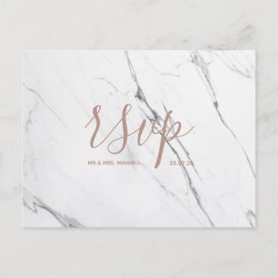 Hochzeit RSVP-Karte   Weißes Roségold-Marmor-Skrip Einladungspostkarte