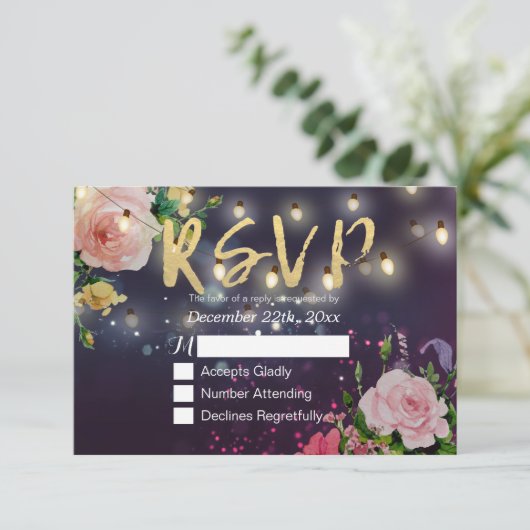 Hochzeit RSVP Lila Sparkle String Lights (Stehend Vorderseite)