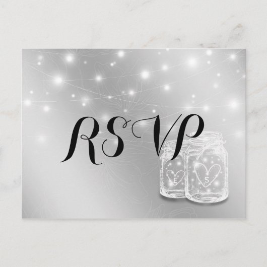 Hochzeit RSVP Mason Jars String Light Modern Silve Einladungspostkarte (Vorderseite)