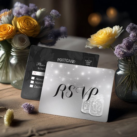 Hochzeit RSVP Mason Jars String Light Modern Silve Einladungspostkarte