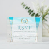 Hochzeit RSVP | Moderne Mongram Beach Wedding (Stehend Vorderseite)