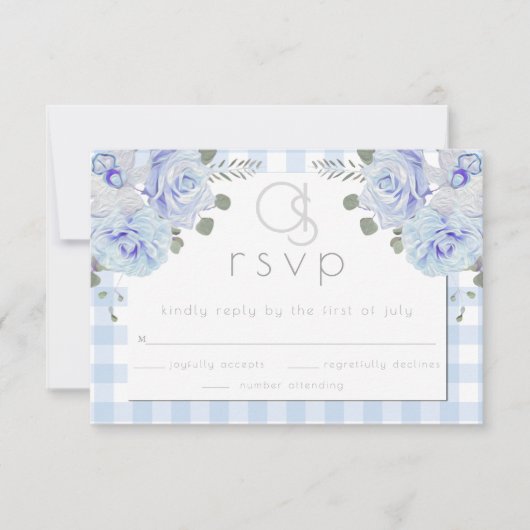 Hochzeit RSVP | Monogram Blue Gingham Floral Karte (Vorderseite)