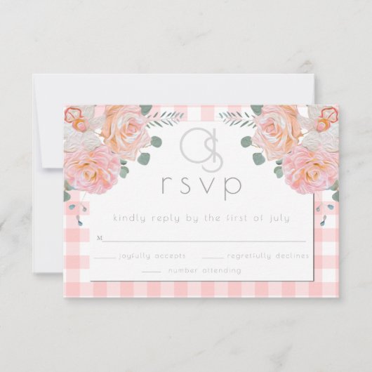 Hochzeit RSVP | Monogram Coral Gingham Floral (Vorderseite)