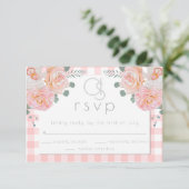 Hochzeit RSVP | Monogram Coral Gingham Floral (Stehend Vorderseite)