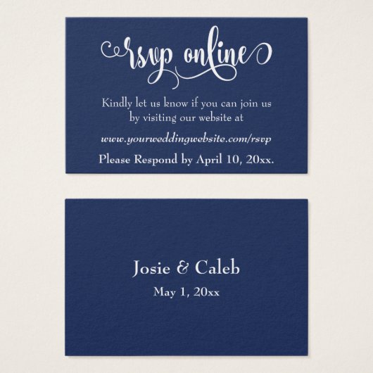 Hochzeit RSVP Online Einfügen weißes Script & Navy (Vorne & Hinten)