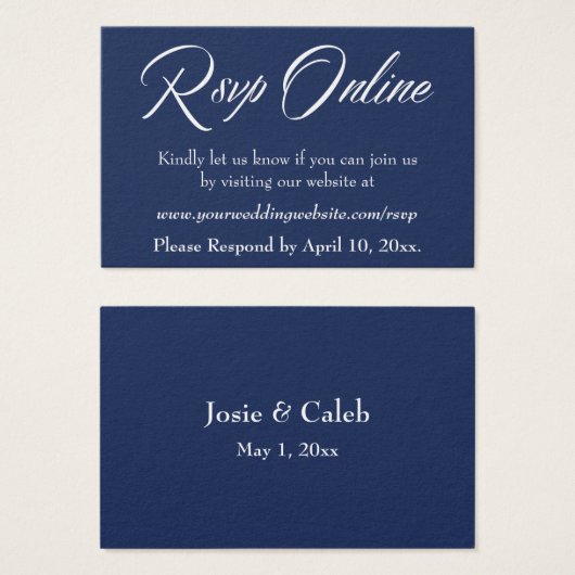 Hochzeit RSVP Online Einfügen weißes Script & Navy (Vorne & Hinten)