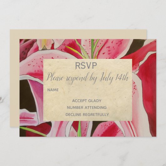 Hochzeit RSVP Pink Lilien Blume Kunst rustikal Einladung (Vorne/Hinten)