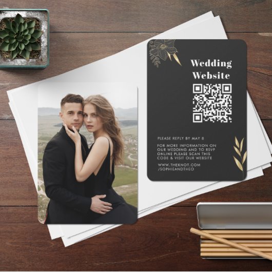 Hochzeit RSVP | QR Code Modernes Black Gold Foto Begleitkarte