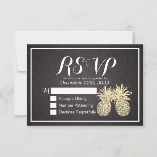 Hochzeit RSVP Reply Black Gold Ananas Couple Karte (Vorderseite)