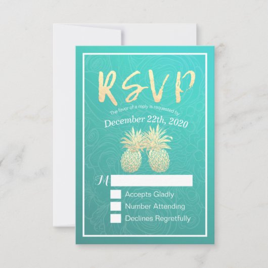 Hochzeit RSVP Reply Gold Ananas Couple Aquamarine (Vorderseite)