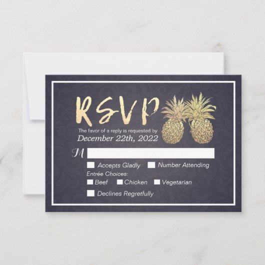 Hochzeit RSVP Reply Gold Ananas Couple Navy Blue Karte (Vorderseite)