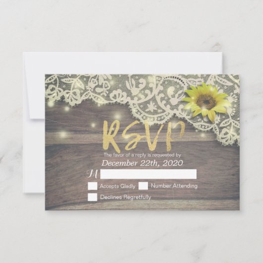 Hochzeit RSVP Reply Lace Sunflower Barn Wood Light (Vorderseite)