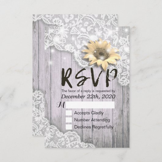 Hochzeit RSVP Reply Lace Sunflower Barn Wood Light (Vorne/Hinten)