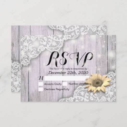 Hochzeit RSVP Reply Lace Sunflower Barn Wood Light (Vorne/Hinten)