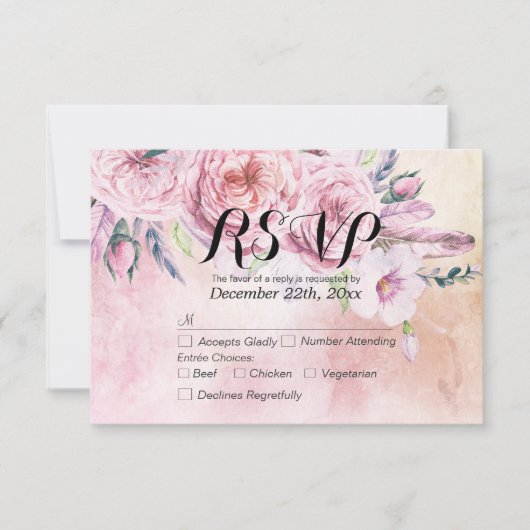 Hochzeit RSVP Reply Watercolor Boho Floral Feather Karte (Vorderseite)
