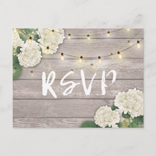 Hochzeit RSVP Rustic Wood Hydrangea String Lights Einladungspostkarte (Vorderseite)